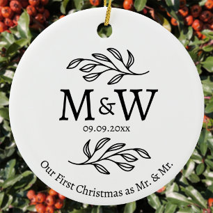 Ornamento De Cerâmica Monograma de Casal Primeiro Natal de Casados