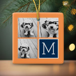 Ornamento De Cerâmica Monograma de Colagem de Fotos do Instagram Laranja<br><div class="desc">Laranjas vibrantes e azul escuro - Use 3 fotos quadradas para criar um presente exclusivo e pessoal. Ou você pode ficar com o filhote hipster e fazer uma moda. Se precisar ajustar as fotos,  clique na ferramenta personalizar para fazer alterações.</div>