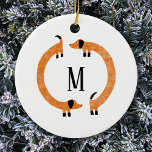 Ornamento De Cerâmica Monograma de Enchimento de Enchimento Engraçado<br><div class="desc">Dachshund bonito e engraçado,  cães de salsicha ou cachorros-salsicha em movimento perpétuo. Personalize alterando ou removendo o inicial.</div>