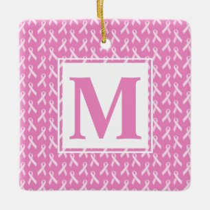 Ornamento De Cerâmica Monograma de Fitas Cor-de-Rosa e Brancas para Cânc