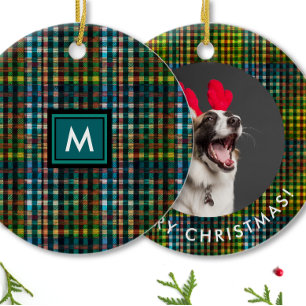 Ornamento De Cerâmica Monograma de Fotografia de Tartan, Xadrez Verde Si