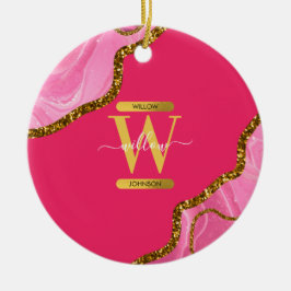Ornamento De Cerâmica Monograma de Glitter de Geodo de Agato Rosa e Dour