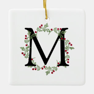 Ornamento De Cerâmica Monograma de Grinalda de Natal Elegante