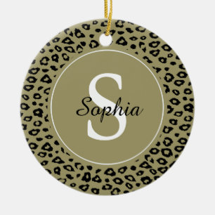 Ornamento De Cerâmica Monograma de Impressão do Leopardo Negro Dourado