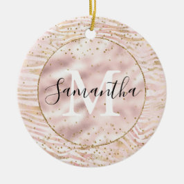 Ornamento De Cerâmica Monograma de Impressão Dourada Zebra , cor-de-rosa