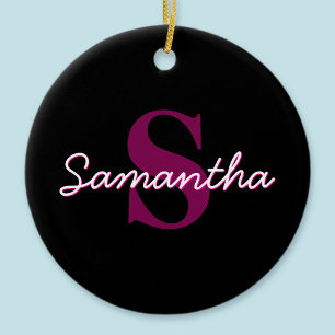 Ornamento De Cerâmica Monograma de letra cursiva rosa e preto personaliz