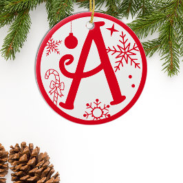 Ornamento De Cerâmica Monograma de Natal - Letra A Branco Vermelho