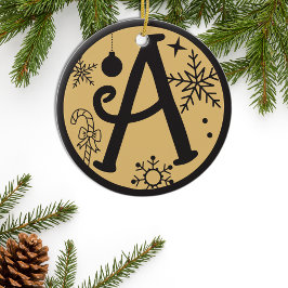 Ornamento De Cerâmica Monograma de Natal - Letra A Preta Dourada