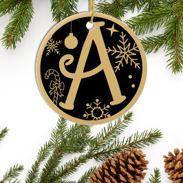Ornamento De Cerâmica Monograma de Natal - Letra Dourada Preta