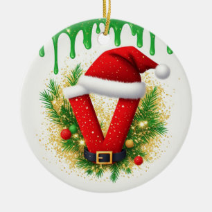 Ornamento De Cerâmica Monograma de Natal V Para Nomes de Férias
