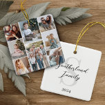 Ornamento De Cerâmica Monograma de Nome da Família de Colagem de Fotos M<br><div class="desc">Simples e moderno e simples galeria de fotos da família em colagem mantendo o nome do desenho de fotos. O design apresenta um simples design mínimo com uma colagem de fotos de oito quadrados para mostrar suas fotos especiais da família. O verso é personalizado com o nome da família, o...</div>