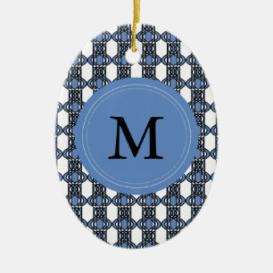Ornamento De Cerâmica Monograma de padrão de Abstrato azul personalizado
