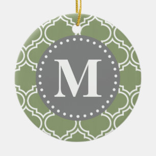 Ornamento De Cerâmica Monograma de Padrão de Latice Verde-Escuro em Mar