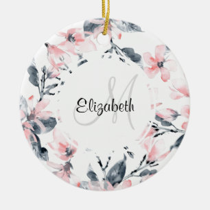 Ornamento De Cerâmica Monograma de Padrão Flor de Aquarela Rosa e Cinza
