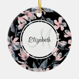 Ornamento De Cerâmica Monograma de Padrão Flor de Aquarela Rosa e Cinza