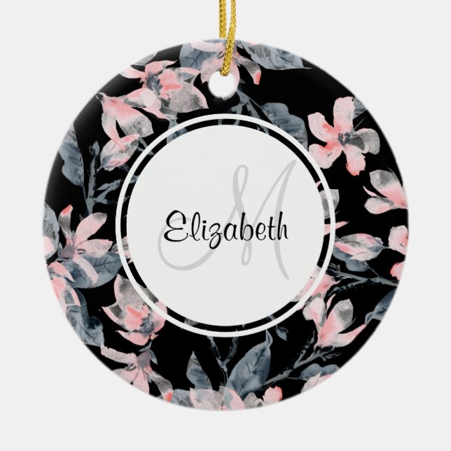 Ornamento De Cerâmica Monograma de Padrão Flor de Aquarela Rosa e Cinza (Frente)