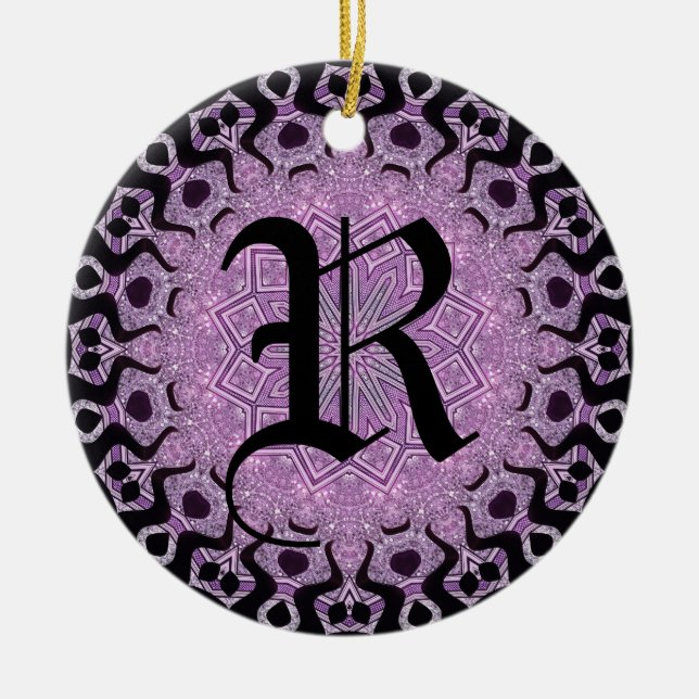 Ornamento De Cerâmica Monograma de Tribal Preto Roxo com Brilho (Frente)