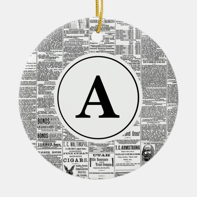Ornamento De Cerâmica Monograma do jornal antigo Vintage (Frente)