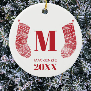Ornamento De Cerâmica Monograma do Natal Ano Vermelho Branco
