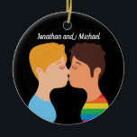 Ornamento De Cerâmica Monograma do Orgulho LGBTQ Personalizado do Casal<br><div class="desc">Enfeites de natal LGBT romântico com dois meninos se beijando. Este desenho bonito apresenta uma cara loira e um homem morena numa camisa arco-íris. Personalize este presente de amor LGBTQ com o seu próprio texto personalizado.</div>