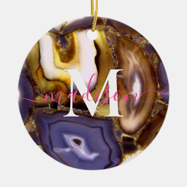 Ornamento De Cerâmica Monograma do padrão de pedra do Agato Branco-Púrpu (Frente)