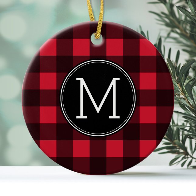 Ornamento De Cerâmica Monograma do Padrão Rustic Red & Black Buffalo Xad (Personalized Monogram Ornament)