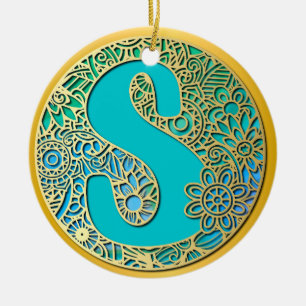Ornamento De Cerâmica Monograma Dourado e Turquesa S e Flores Coloridas