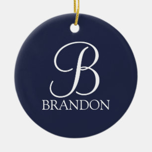 Ornamento De Cerâmica Monograma e Nome de Script Personalizado Azul-mari