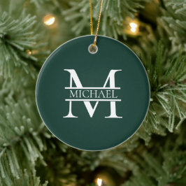 Ornamento De Cerâmica Monograma e nome Elegante Emerald Verde Personaliz