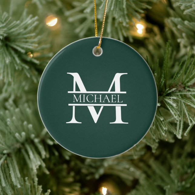 Ornamento De Cerâmica Monograma e nome Elegante Emerald Verde Personaliz (Árvore)