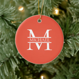 Ornamento De Cerâmica Monograma e Nome Elegante Laranja Personalizado
