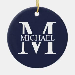 Ornamento De Cerâmica Monograma e Nome Personalizados Azul-marinho