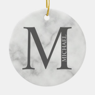 Ornamento De Cerâmica Monograma e Nome Personalizados do Marble Branco