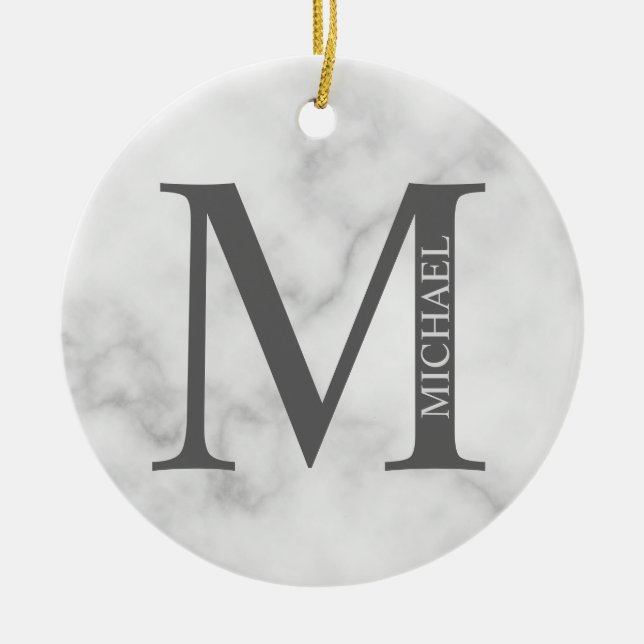 Ornamento De Cerâmica Monograma e Nome Personalizados do Marble Branco (Frente)