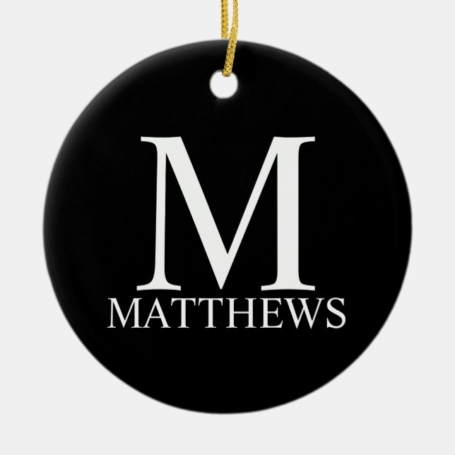 Ornamento De Cerâmica Monograma e Nome Personalizados Pretos (Frente)
