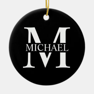 Ornamento De Cerâmica Monograma e Nome Personalizados Pretos
