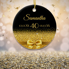 Ornamento De Cerâmica Monograma elegante de ouro preto de aniversário