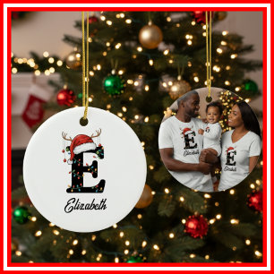Ornamento De Cerâmica Monograma Família Natal Antlers Santa Hat FOTO