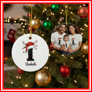 Ornamento De Cerâmica Monograma Família Natal Antlers Santa Hat FOTO