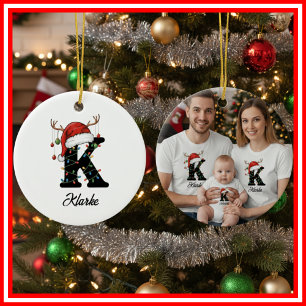 Ornamento De Cerâmica Monograma Família Natal Antlers Santa Hat FOTO