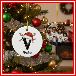 Ornamento De Cerâmica Monograma Família Natal Antlers Santa Hat FOTO