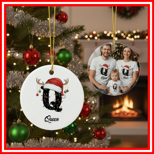 Ornamento De Cerâmica Monograma Família Natal Antlers Santa Hat FOTO