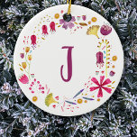 Ornamento De Cerâmica Monograma Floral<br><div class="desc">As flores bonito de aquarela rodeiam um monograma inicial,  que pode ser mudado para personalizar.</div>