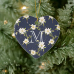 Ornamento De Cerâmica Monograma Floral Branco marinho Azul<br><div class="desc">Marinho Azul Flores Brancas Monograma</div>