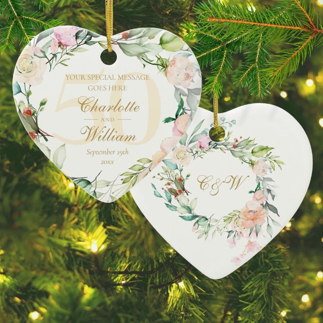 Ornamento De Cerâmica Monograma Floral de 50 anos do Ouro (50th Golden Wedding Anniversary Floral Monogram Ceramic Ornament)