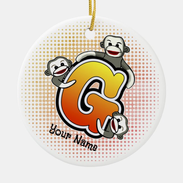 Ornamento De Cerâmica Monograma G Sock Monkey (Frente)