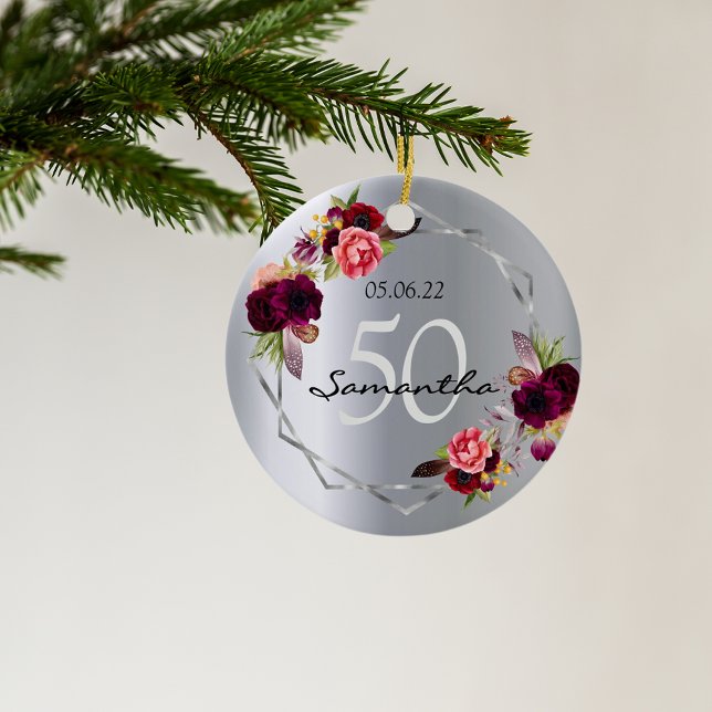 Ornamento De Cerâmica Monograma geométrico de prata de aniversário (Criador carregado)