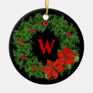 Ornamento De Cerâmica Monograma Holly Wreath a preto - 2 lados