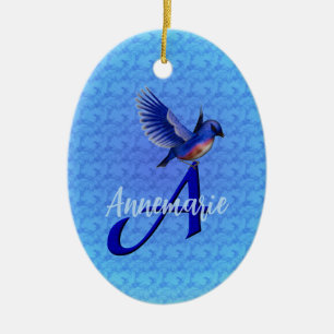 Ornamento De Cerâmica Monograma Inicial A Bluebird Personalizado