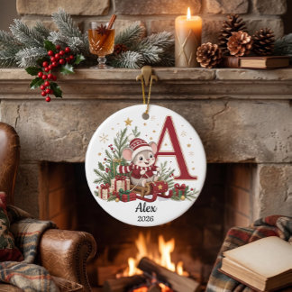 Ornamento De Cerâmica Monograma Inicial Personalizado de Rato de Natal